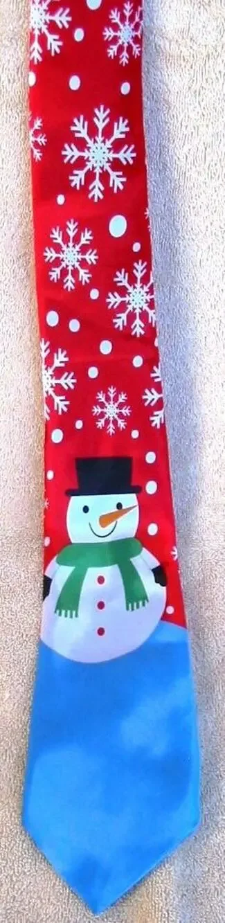 Men's Tie Red White Blue with Snowman and Snowflakes Standard Width and Length